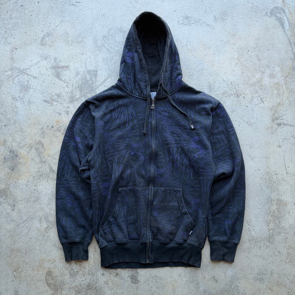 Vintage Y2K sapphire lounge Skull Print Zip Hoodie Black Purple Medium